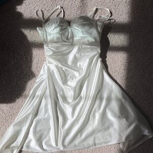Stacees white satin mini dress